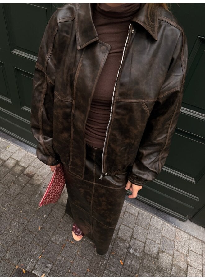 JELLA PU SKIRT DARK BROWN WASHED