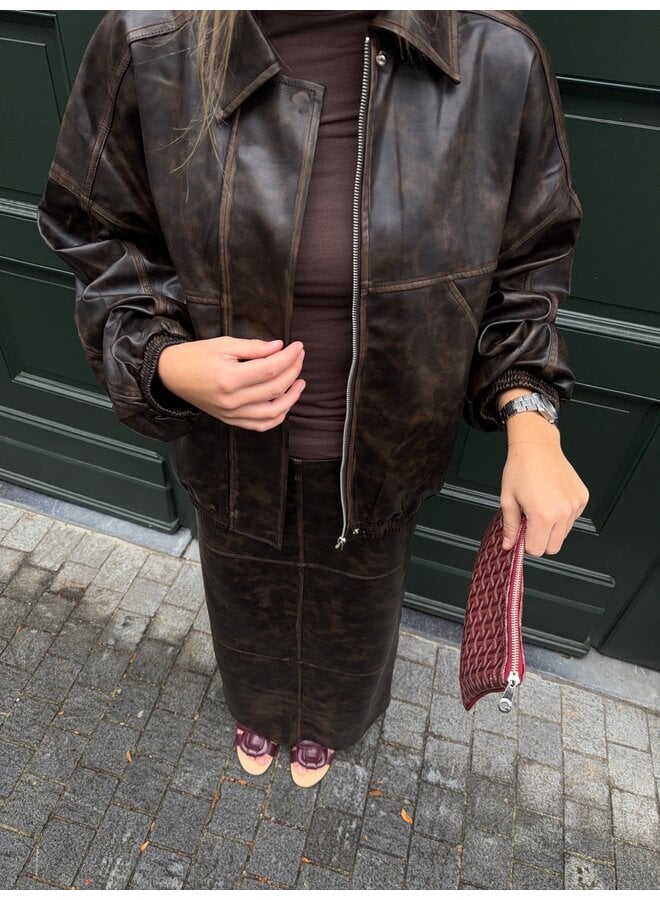 JELLA PU SKIRT DARK BROWN WASHED