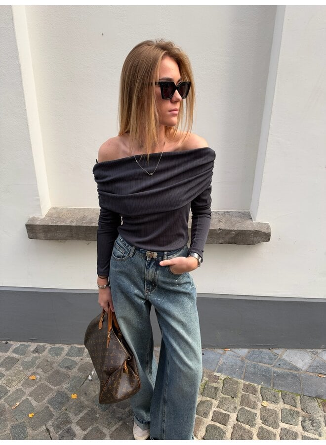 YASLIVO OFF SHOULDER TOP DARK GULL GRAY