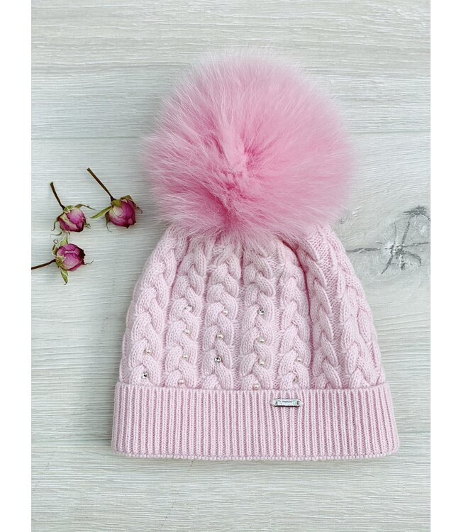 Muts met pompom & parels -  Roze