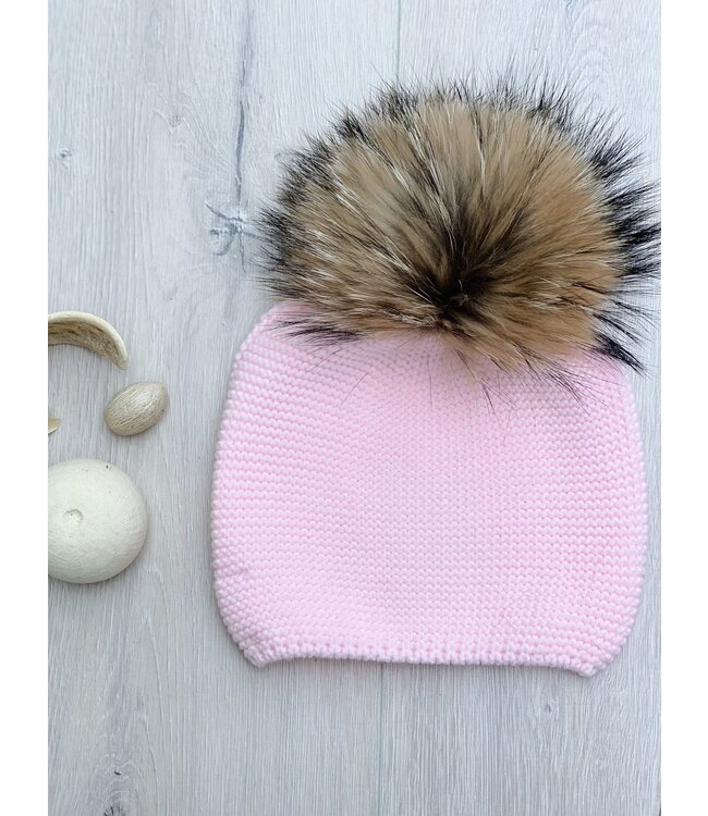 Muts met pompom in bont - Babyroze