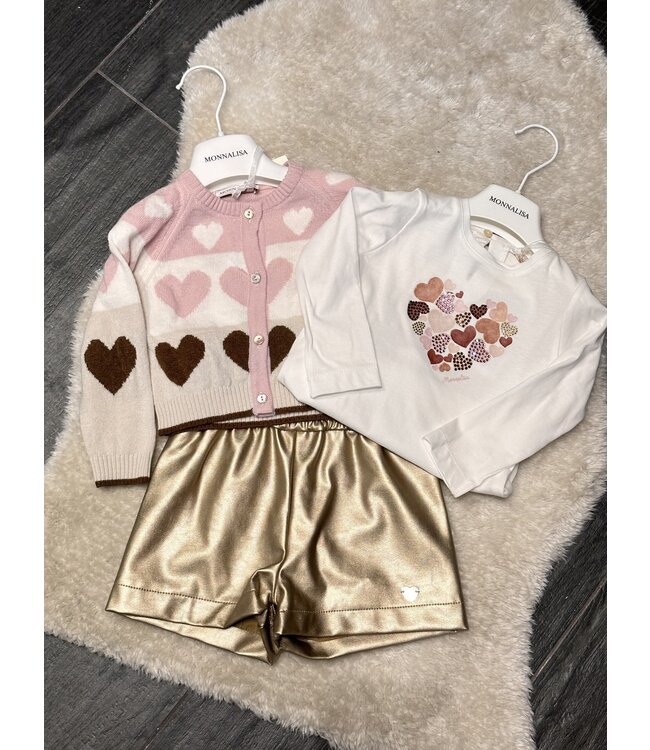 3-delig set met short, t-shirt en cardigan - Roze & Ecru