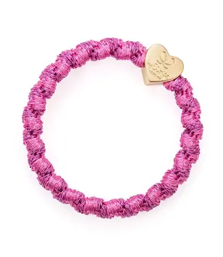 By Eloise London Haarelastiek woven met gouden hart - Bubblegum Pink