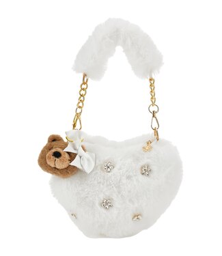 Monnalisa Sample Sale Handtasje hartje in teddy met diamantjen bloempjes - Wit