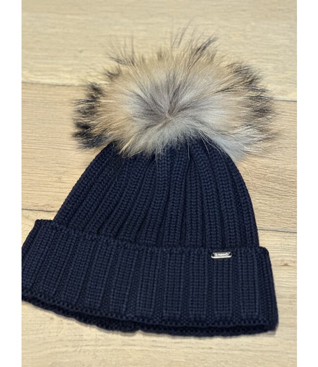 Muts met pompom & kabel - Navy