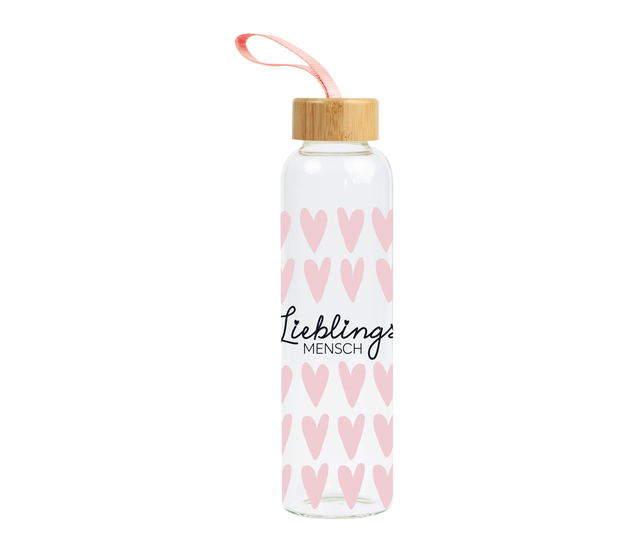 Trinkflasche aus Glas mit Griffschlaufe, "Lieblingsmensch" Trinkflasche aus Glas mit Griffschlaufe, "Lieblingsmensch"