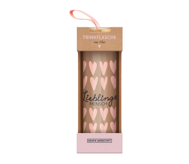 Trinkflasche aus Glas mit Griffschlaufe, "Lieblingsmensch" Trinkflasche aus Glas mit Griffschlaufe, "Lieblingsmensch"