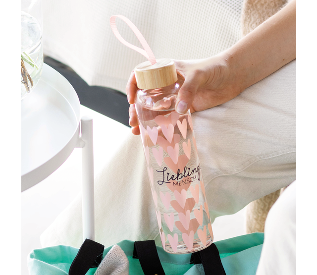 Trinkflasche aus Glas mit Griffschlaufe, "Lieblingsflasche" Trinkflasche aus Glas mit Griffschlaufe, "Lieblingsflasche"