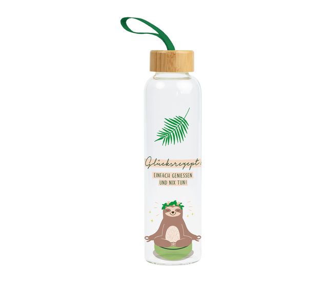 Trinkflasche aus Glas mit Griffschlaufe, "Glücksrezept" Trinkflasche aus Glas mit Griffschlaufe, "Glücksrezept"