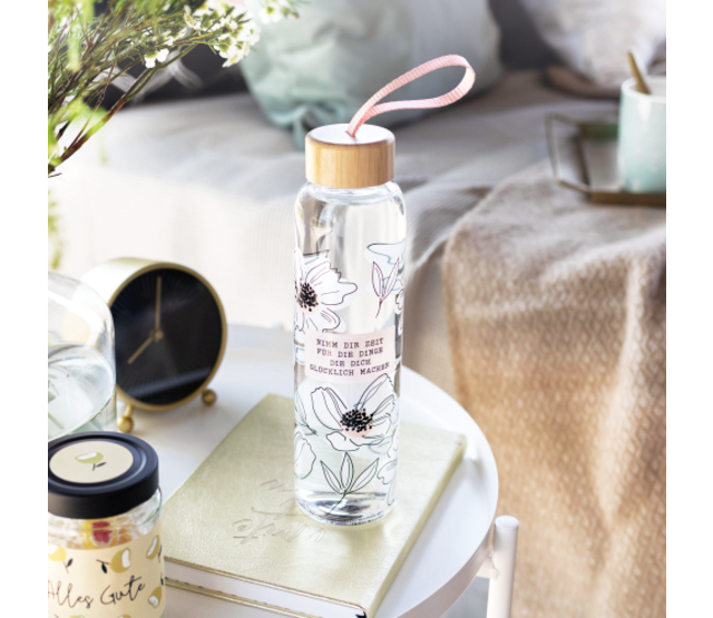 Trinkflasche aus Glas mit Griffschlaufe, "Lieblingstage"