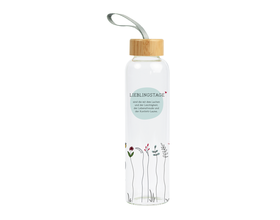 Trinkflasche aus Glas mit Griffschlaufe, "Lieblingstage"