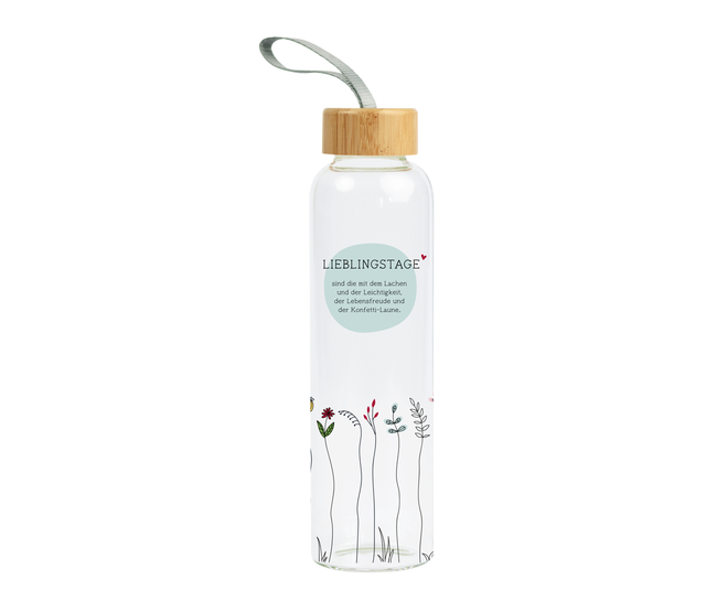 Trinkflasche aus Glas mit Griffschlaufe, "Lieblingstage"