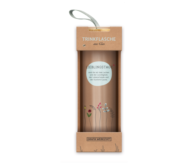 Trinkflasche aus Glas mit Griffschlaufe, "Lieblingstage"