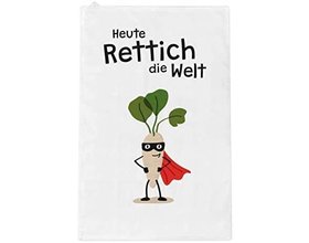 Geschirrtuch mit lustigem Spruch, "Heute Rettich die Welt"