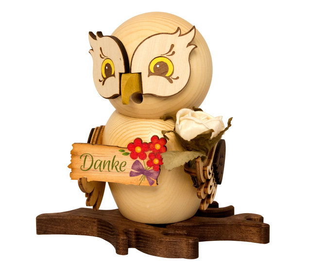 Raucheule mit Danke-Schild, Holzfigur Raucheule mit Danke-Schild, Holzfigur