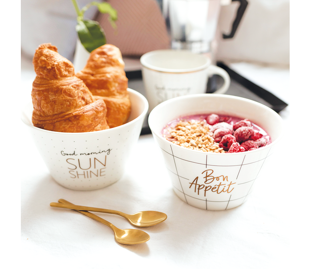 Müslischale, Porzellan-Schüssel, "Nachschlag bitte", Goldveredlung Müslischale, Porzellan-Schüssel, "Nachschlag bitte", Goldveredlung