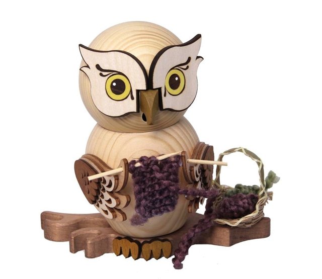 Kuhnert Raucheule mit Strickzeug, Holzfigur Kuhnert Raucheule mit Strickzeug, Holzfigur