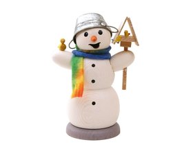 Schneemann mit Vogelhaus und Vogel