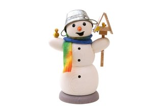 Schneemann mit Vogelhaus und Vogel