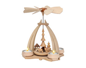 Tisch-Pyramide aus Buchenholz, Rehe mit Futterkrippe