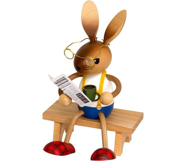 Drechslerei Kuhnert - Osterdekoration / Osterhase - Langbein-Hase mit Zeitung und Kaffee