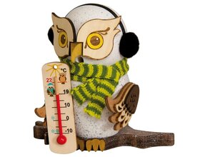 Raucheule, Schnee-Eule mit Thermometer