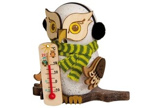 Raucheule, Schnee-Eule mit Thermometer
