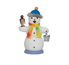 Schneemann mit Pinguin, Räucherfigur aus Holz