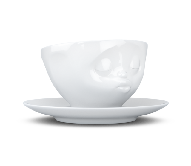 Kaffee-Tasse & Unterteller "Küssend", Hartporzellan, weiß Kaffee-Tasse & Unterteller "Küssend", Hartporzellan, weiß