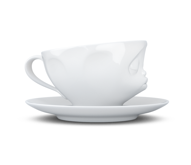 Kaffee-Tasse & Unterteller "Küssend", Hartporzellan, weiß Kaffee-Tasse & Unterteller "Küssend", Hartporzellan, weiß