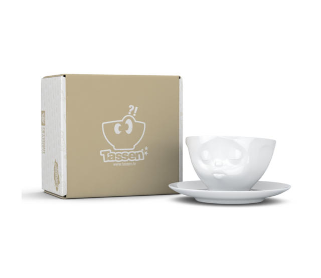 Kaffee-Tasse & Unterteller "Küssend", Hartporzellan, weiß Kaffee-Tasse & Unterteller "Küssend", Hartporzellan, weiß