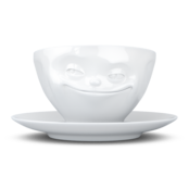 Kaffee-Tasse & Unterteller "Grinsend", Hartporzellan, weiß Kaffee-Tasse & Unterteller "Grinsend", Hartporzellan, weiß