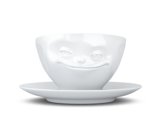 Kaffee-Tasse & Unterteller "Grinsend", Hartporzellan, weiß Kaffee-Tasse & Unterteller "Grinsend", Hartporzellan, weiß
