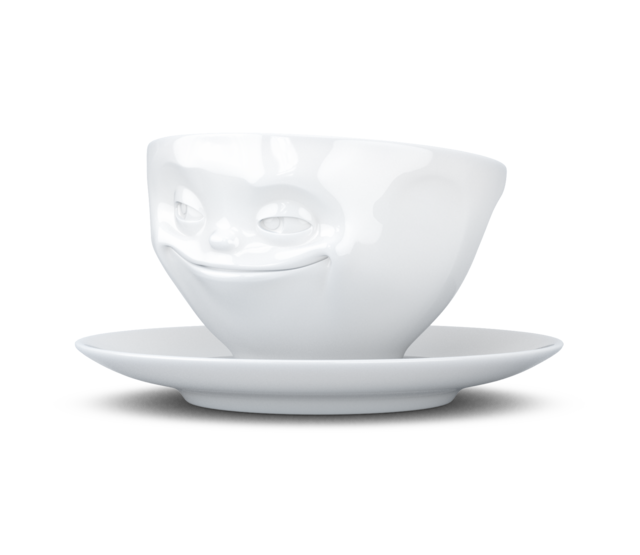 Kaffee-Tasse & Unterteller "Grinsend", Hartporzellan, weiß Kaffee-Tasse & Unterteller "Grinsend", Hartporzellan, weiß