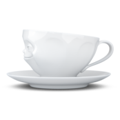 Kaffee-Tasse & Unterteller "Grinsend", Hartporzellan, weiß Kaffee-Tasse & Unterteller "Grinsend", Hartporzellan, weiß