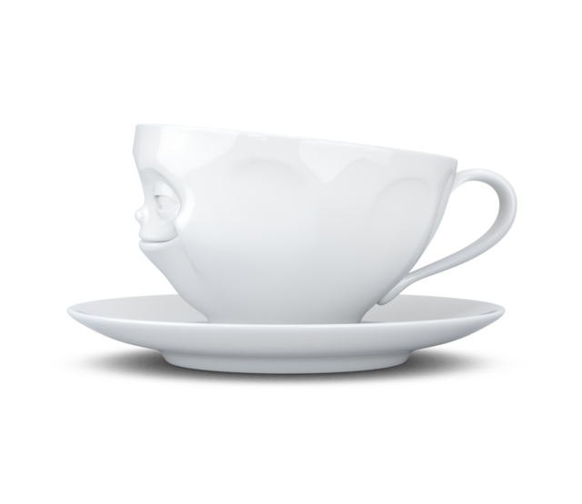 Kaffee-Tasse & Unterteller "Grinsend", Hartporzellan, weiß Kaffee-Tasse & Unterteller "Grinsend", Hartporzellan, weiß