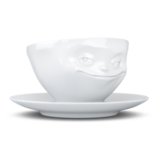 Kaffee-Tasse & Unterteller "Grinsend", Hartporzellan, weiß Kaffee-Tasse & Unterteller "Grinsend", Hartporzellan, weiß