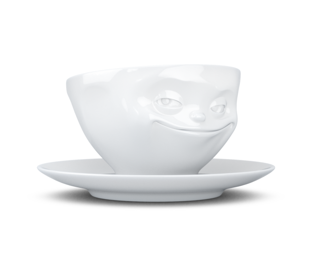 Kaffee-Tasse & Unterteller "Grinsend", Hartporzellan, weiß Kaffee-Tasse & Unterteller "Grinsend", Hartporzellan, weiß