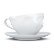 Kaffee-Tasse & Unterteller "Grinsend", Hartporzellan, weiß Kaffee-Tasse & Unterteller "Grinsend", Hartporzellan, weiß