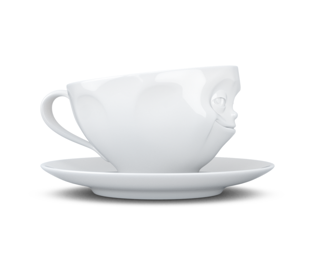 Kaffee-Tasse & Unterteller "Grinsend", Hartporzellan, weiß Kaffee-Tasse & Unterteller "Grinsend", Hartporzellan, weiß