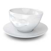 Kaffee-Tasse & Unterteller "Grinsend", Hartporzellan, weiß Kaffee-Tasse & Unterteller "Grinsend", Hartporzellan, weiß