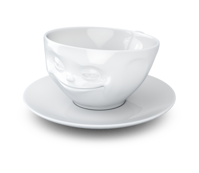 Kaffee-Tasse & Unterteller "Grinsend", Hartporzellan, weiß Kaffee-Tasse & Unterteller "Grinsend", Hartporzellan, weiß
