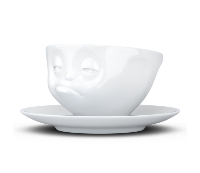 Kaffee-Tasse & Unterteller "Verpennt", Hartporzellan, weiß Kaffee-Tasse & Unterteller "Verpennt", Hartporzellan, weiß