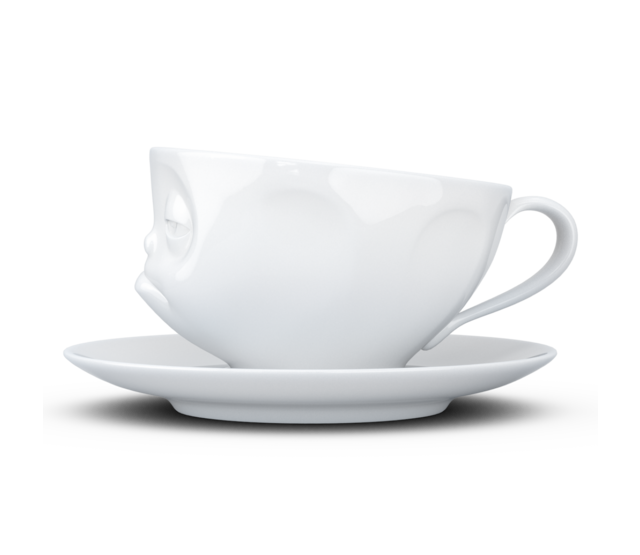 Kaffee-Tasse & Unterteller "Verpennt", Hartporzellan, weiß Kaffee-Tasse & Unterteller "Verpennt", Hartporzellan, weiß