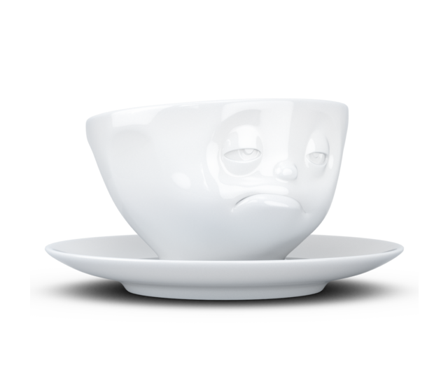 Kaffee-Tasse & Unterteller "Verpennt", Hartporzellan, weiß Kaffee-Tasse & Unterteller "Verpennt", Hartporzellan, weiß