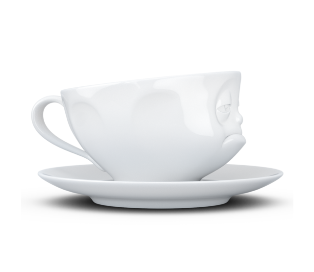 Kaffee-Tasse & Unterteller "Verpennt", Hartporzellan, weiß Kaffee-Tasse & Unterteller "Verpennt", Hartporzellan, weiß