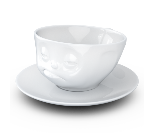 Kaffee-Tasse & Unterteller "Verpennt", Hartporzellan, weiß Kaffee-Tasse & Unterteller "Verpennt", Hartporzellan, weiß