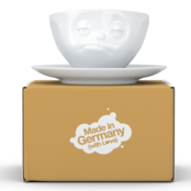 Kaffee-Tasse & Unterteller "Verpennt", Hartporzellan, weiß Kaffee-Tasse & Unterteller "Verpennt", Hartporzellan, weiß