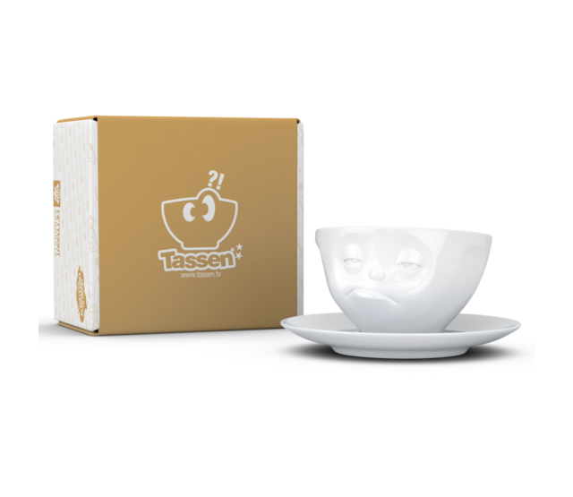 Kaffee-Tasse & Unterteller "Verpennt", Hartporzellan, weiß Kaffee-Tasse & Unterteller "Verpennt", Hartporzellan, weiß