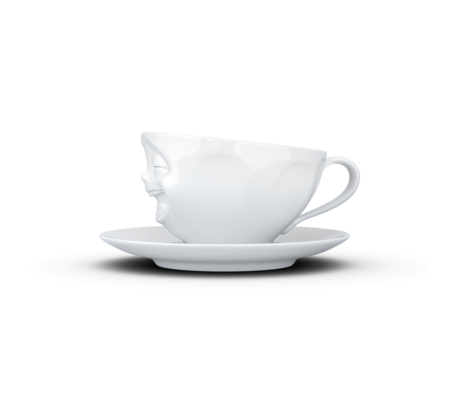 Kaffee-Tasse & Unterteller "Lachend", Hartporzellan, weiß Kaffee-Tasse & Unterteller "Lachend", Hartporzellan, weiß